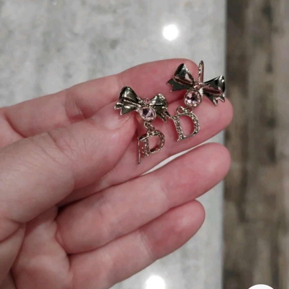 Christian Dior Silver and Pink Bow "D" Women's Fish Hook Earrings - Picture 2 of 5